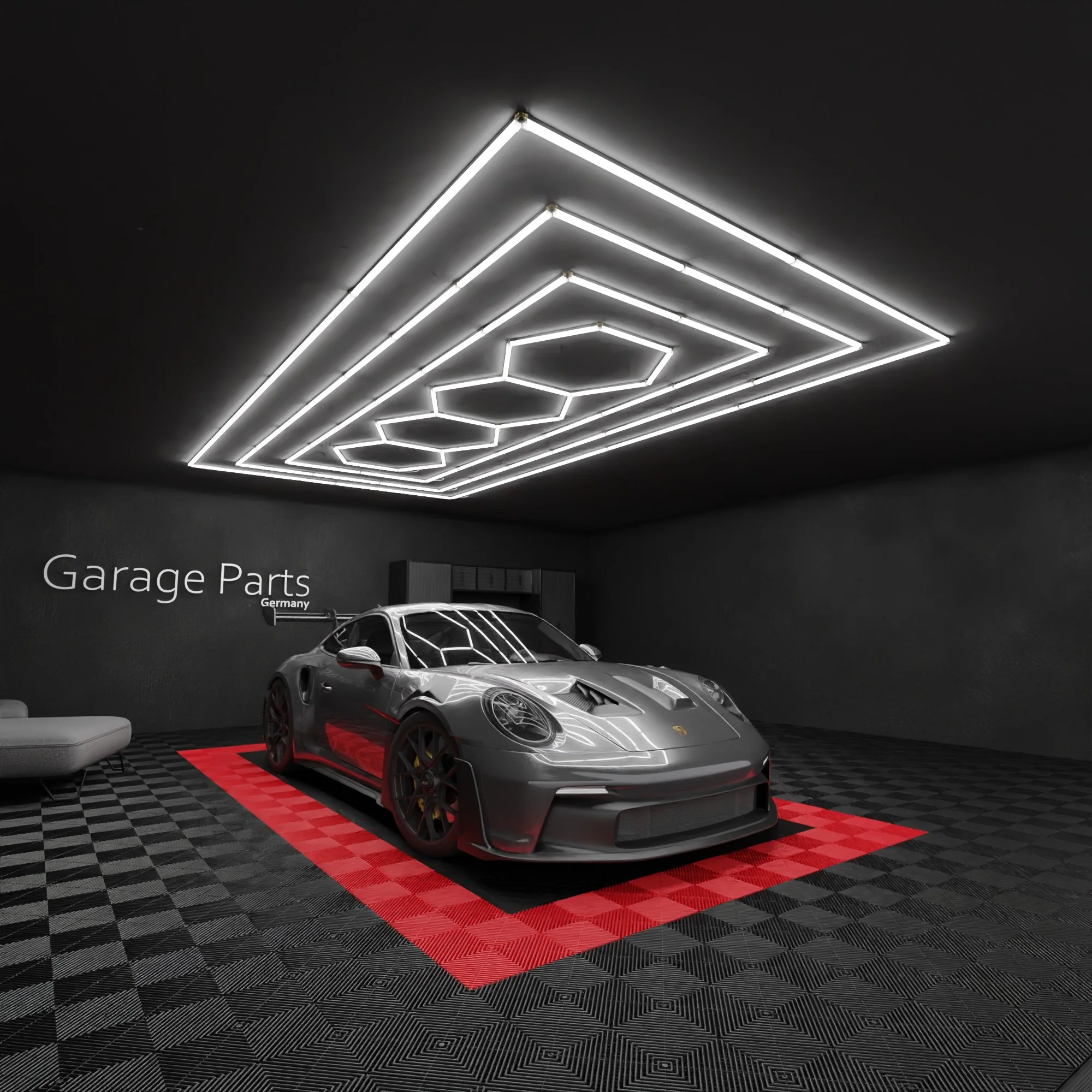 Garage with diamond LED lighting and Porsche on red tile runway