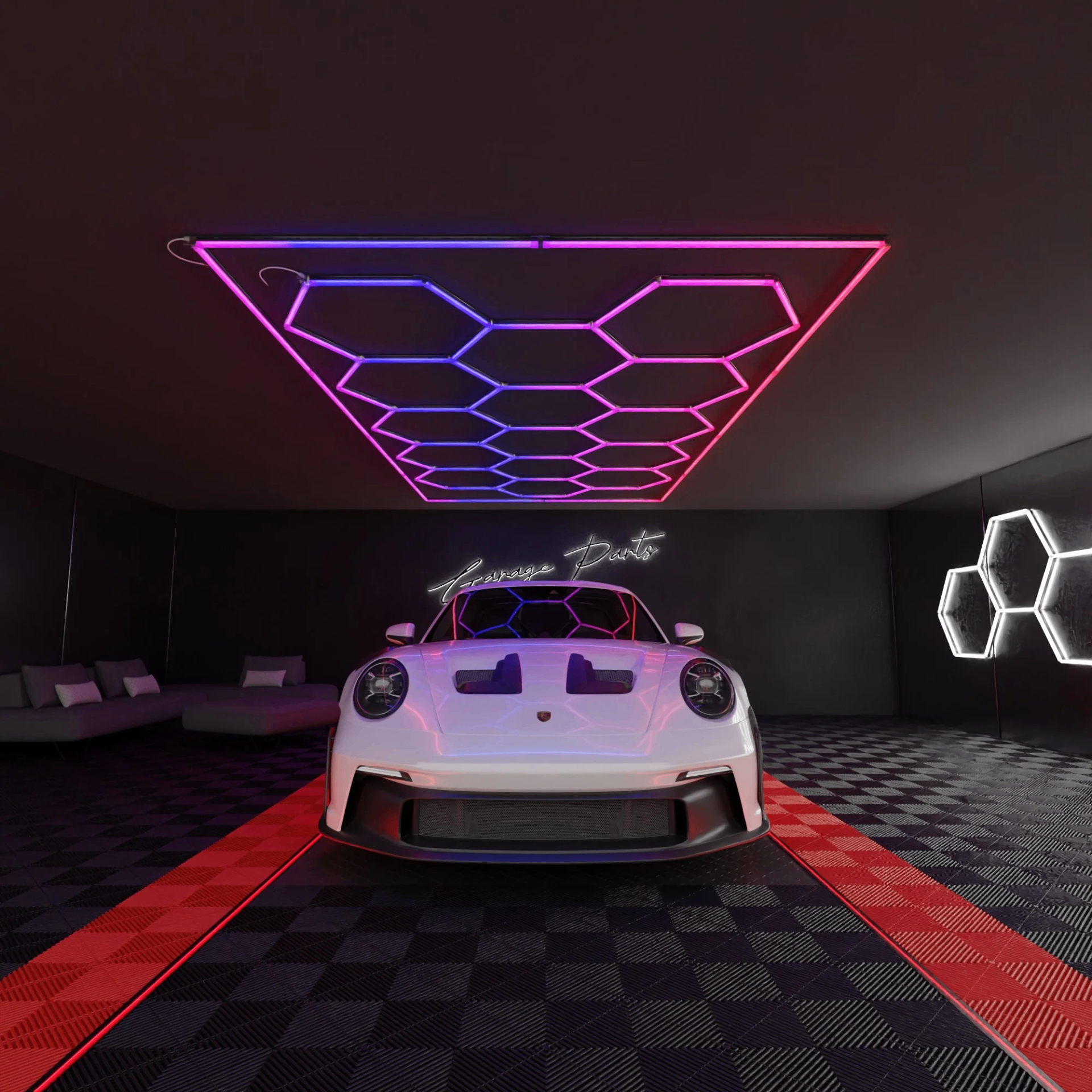 Modern garage with neon hexagon LED ceiling and checkered floor tiles with red runway